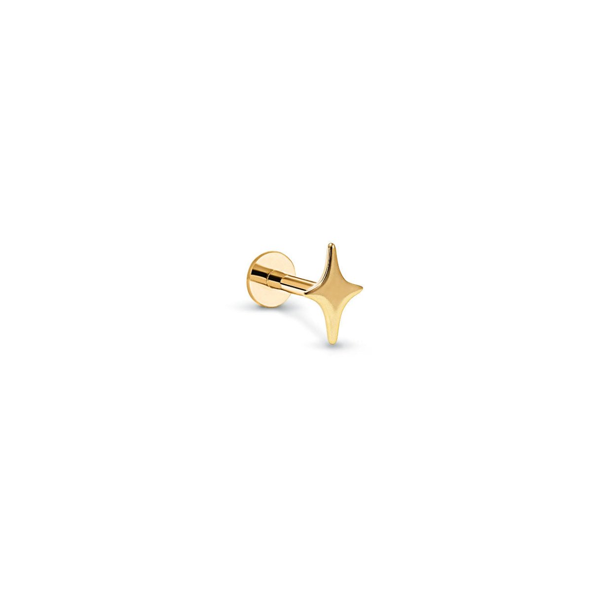 14K gold tiny four-point star flat back stud with a labret post, on a white background