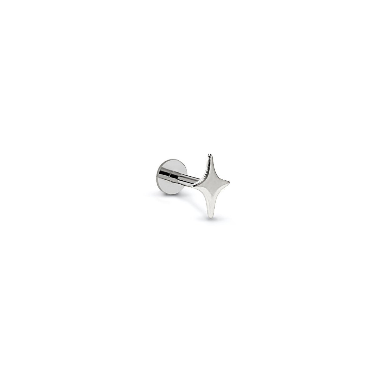 14K white gold tiny four-point star flat back stud with a labret post, on a white background