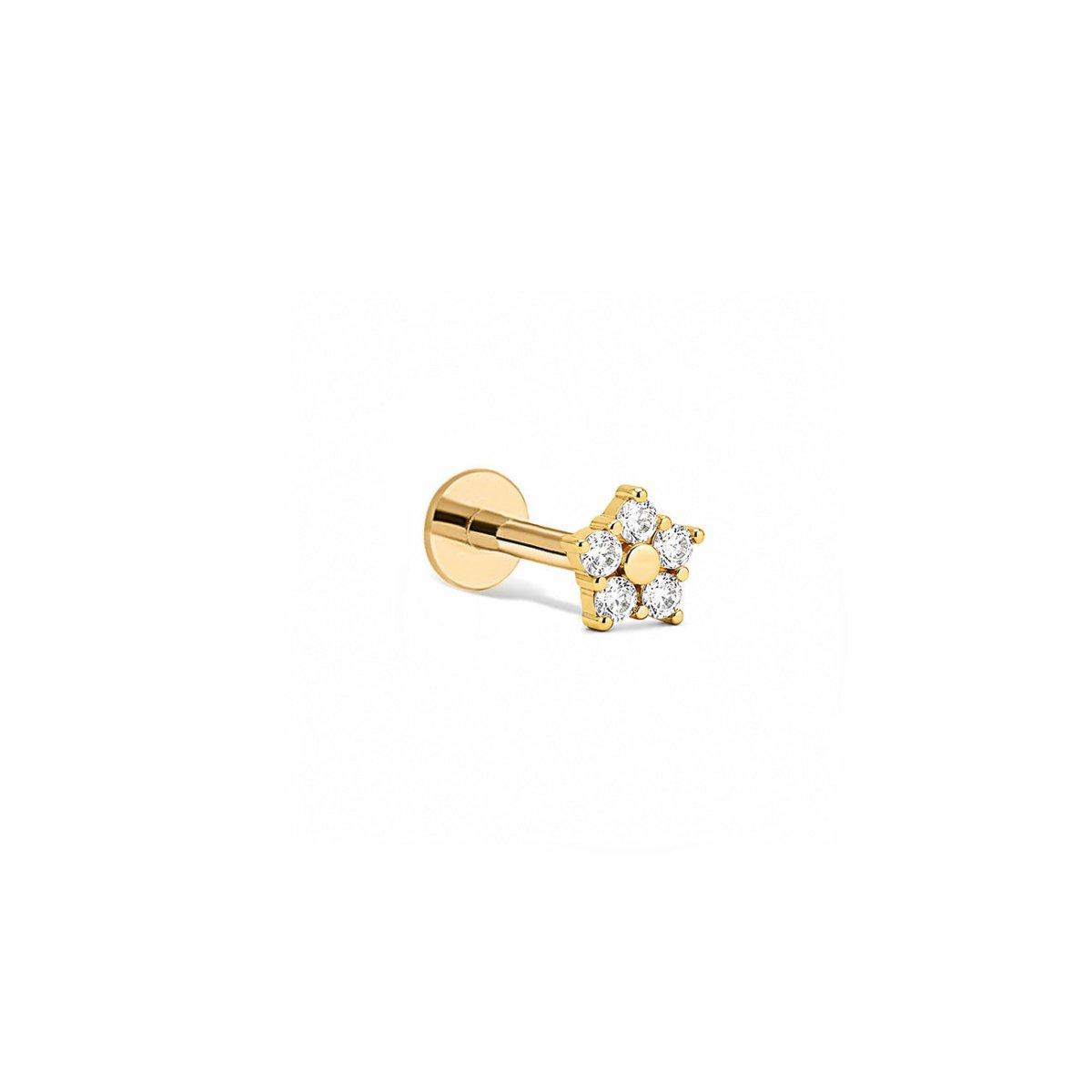 14K gold crystal flower flat back stud earrings, on a white background