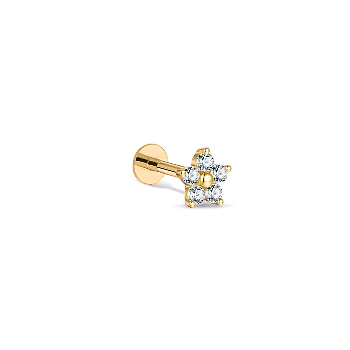 14K gold flat back stud with a five-petal zirconia flower and beaded center, on a white background