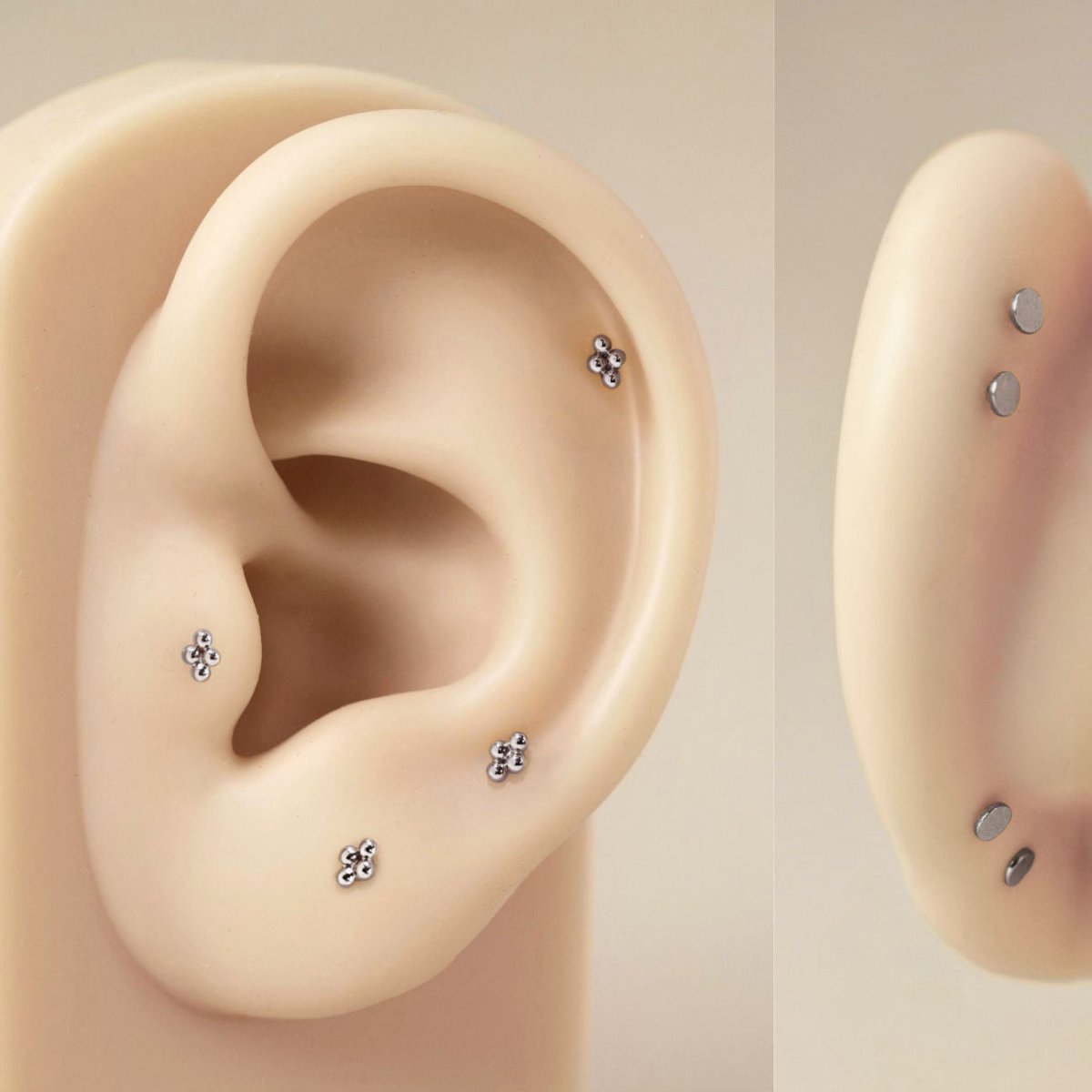 As worn photo of Tiny Quad Beaded Flat Back Stud in titanium on beige silicone ear from AMYO.