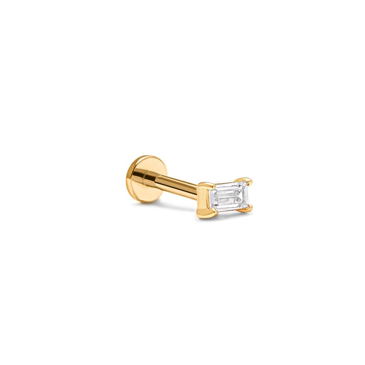 14K gold baguette flat back stud with a clear baguette stone, on a white background