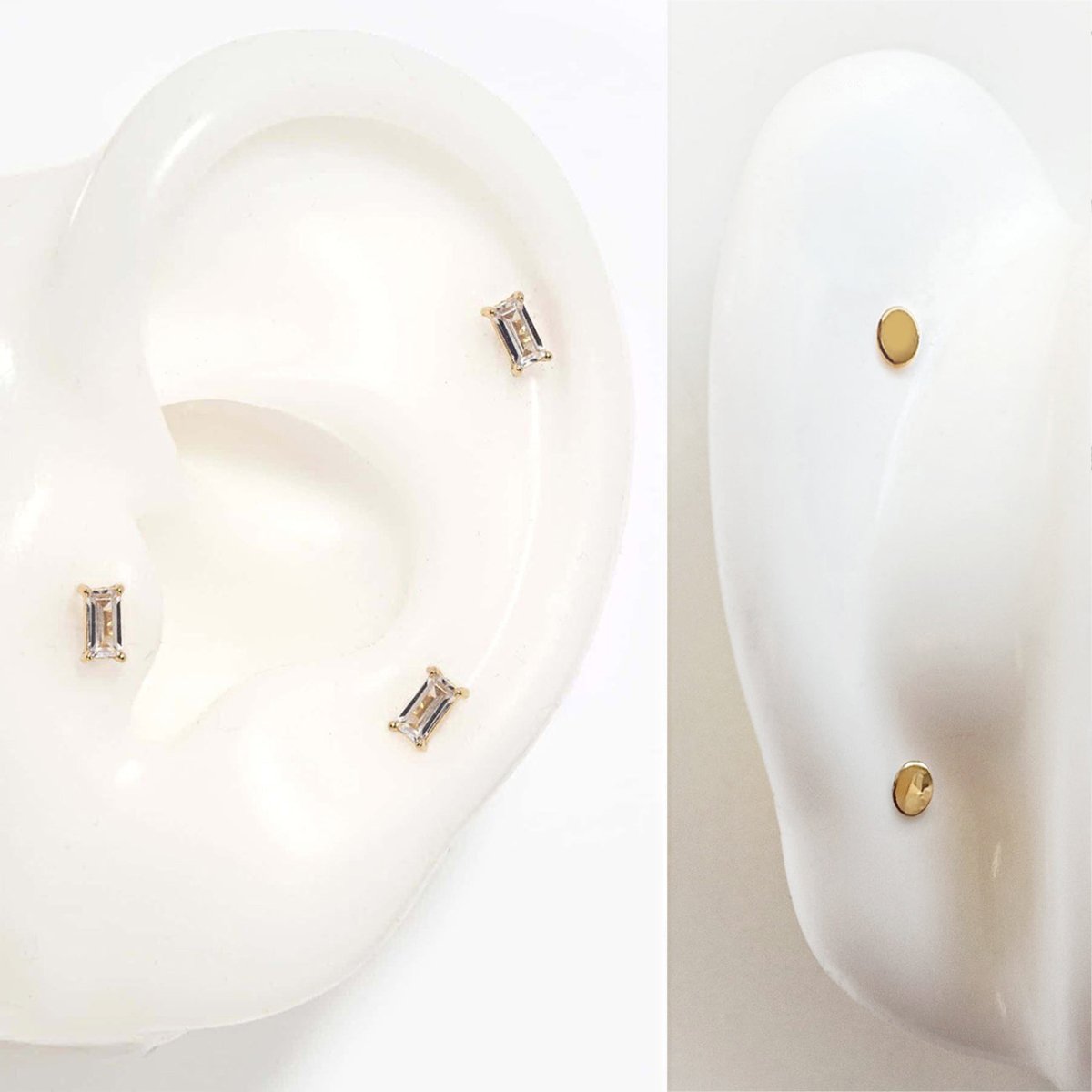 14K gold baguette flat back stud sizing and ear-placement guide on a silicone ear