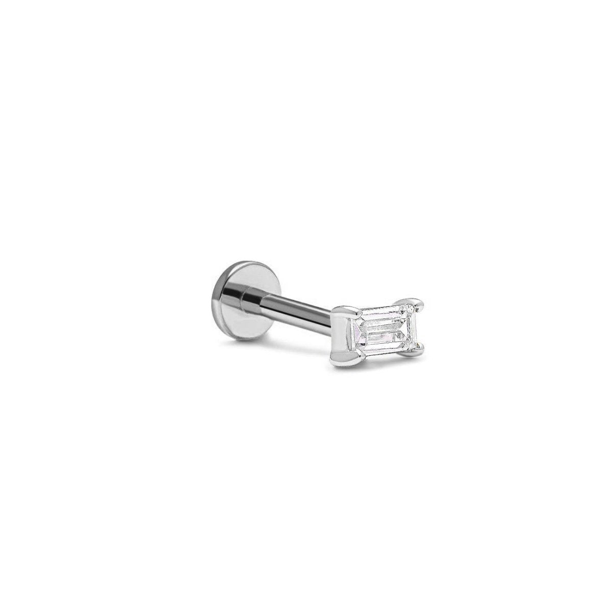 14K white gold baguette flat back stud with a clear baguette stone, on a white background