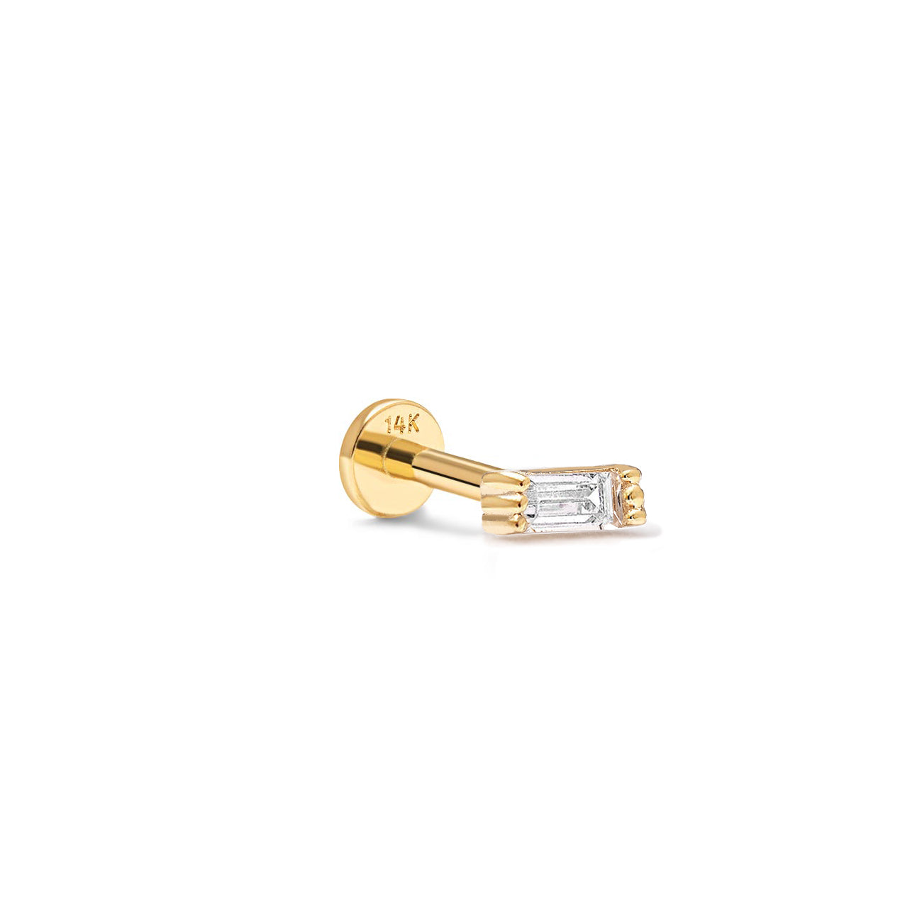 14K gold flat back stud with a baguette clear crystal, side view on a white background