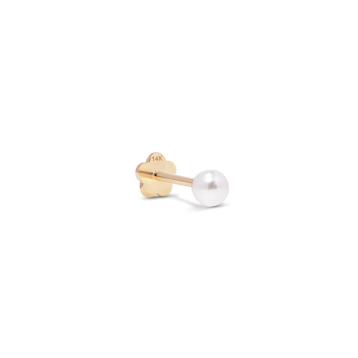 14K gold flat back stud with a small white pearl, shown lying on a white background