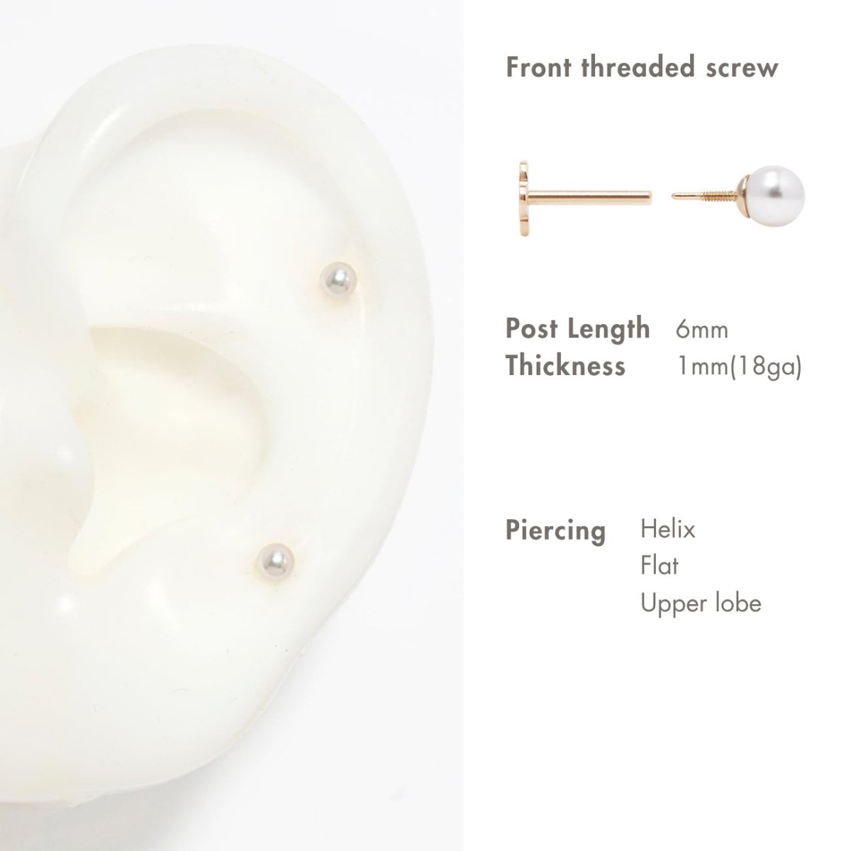 14K gold pearl flat back stud placement guide showing post and screw, helix, flat and upper lobe