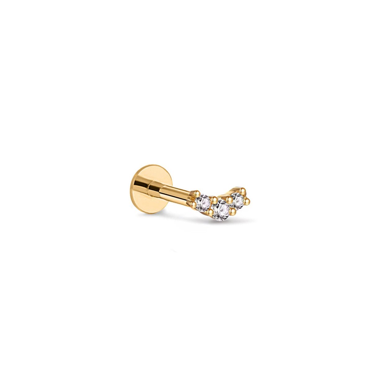 14K gold curved pavé flat back stud with three clear stones and a labret post, on a white background