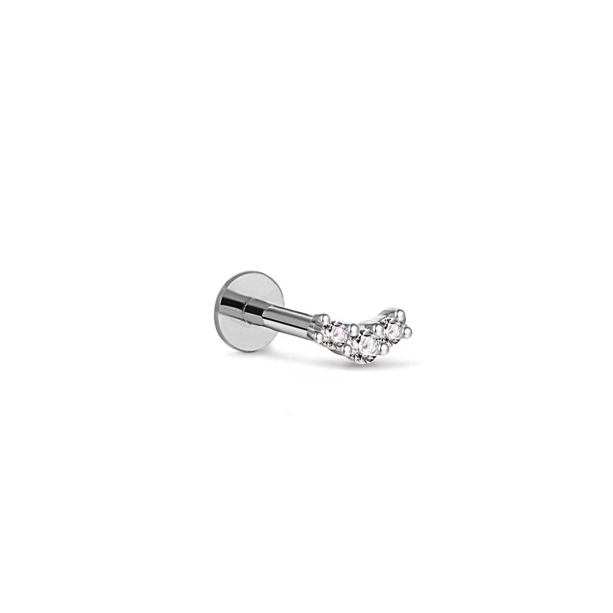 14K white gold curved pavé flat back stud with three clear stones and a labret post, on a white background