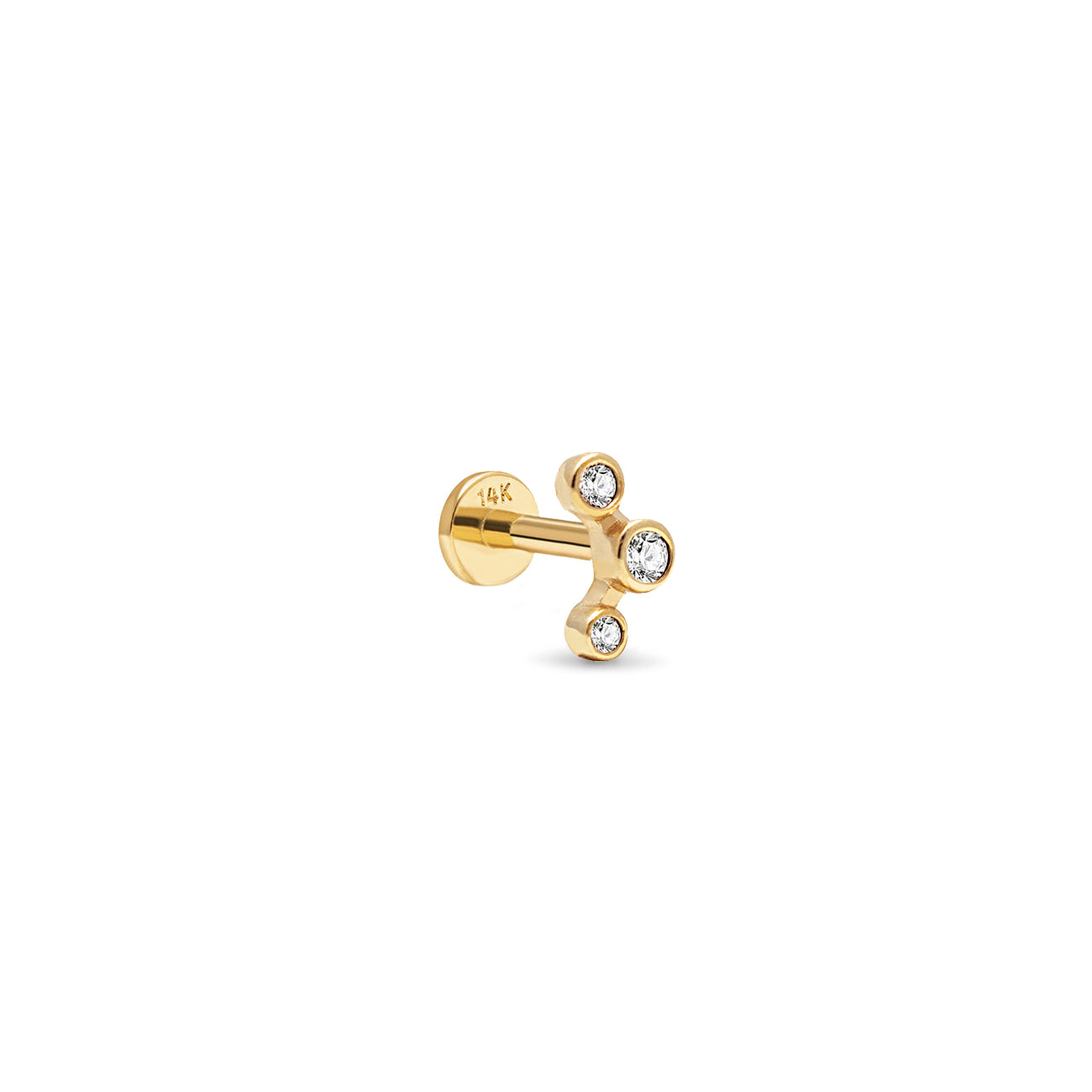 14K gold trio bezel flat back stud with three white zirconia stones, on a white background
