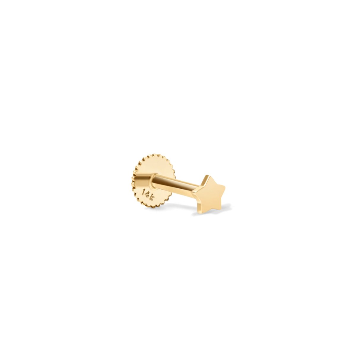 14K gold tiny star flat back stud with a clear stone-set screw post, on a white background