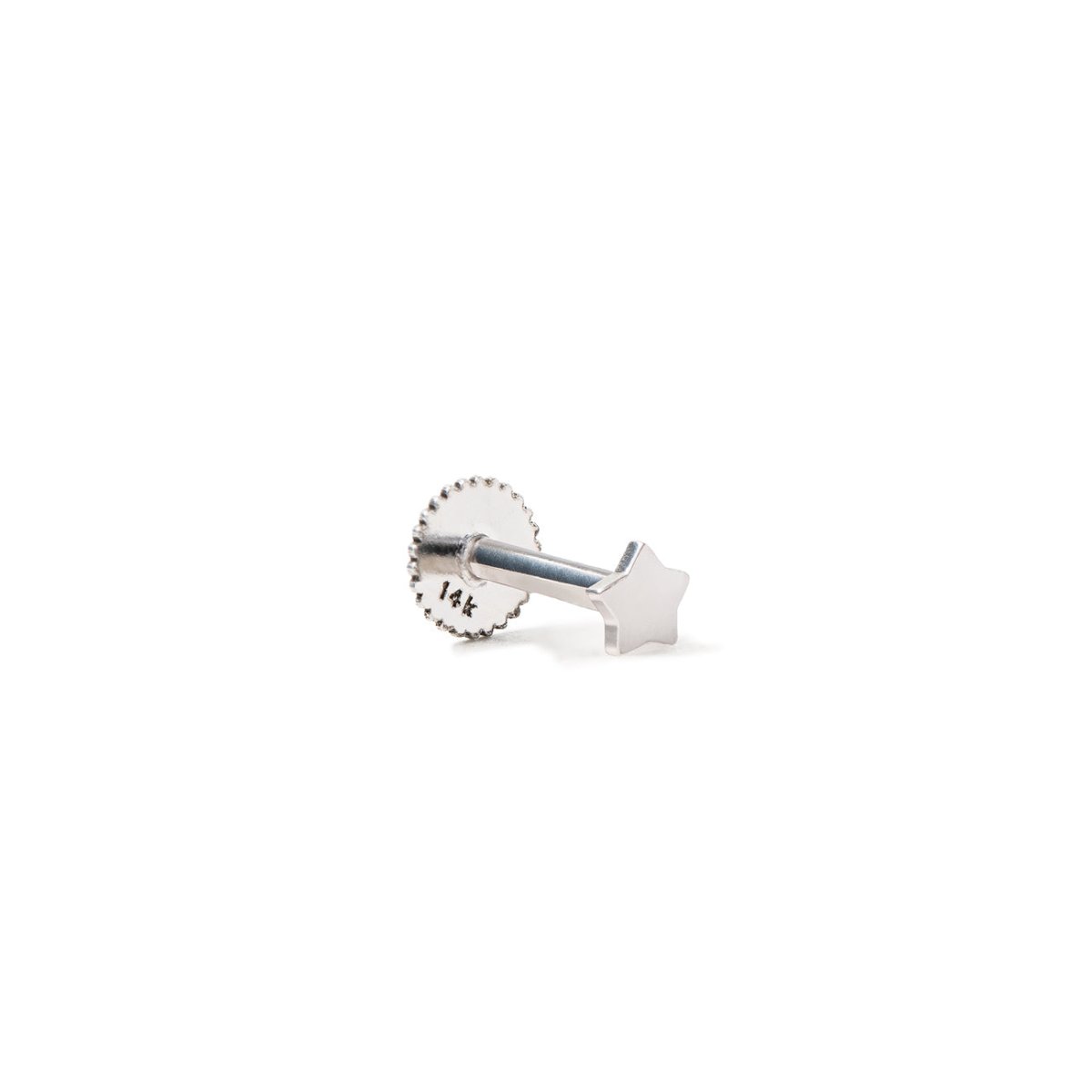 14K white gold tiny star flat back stud with a clear stone-set screw post, on a white background