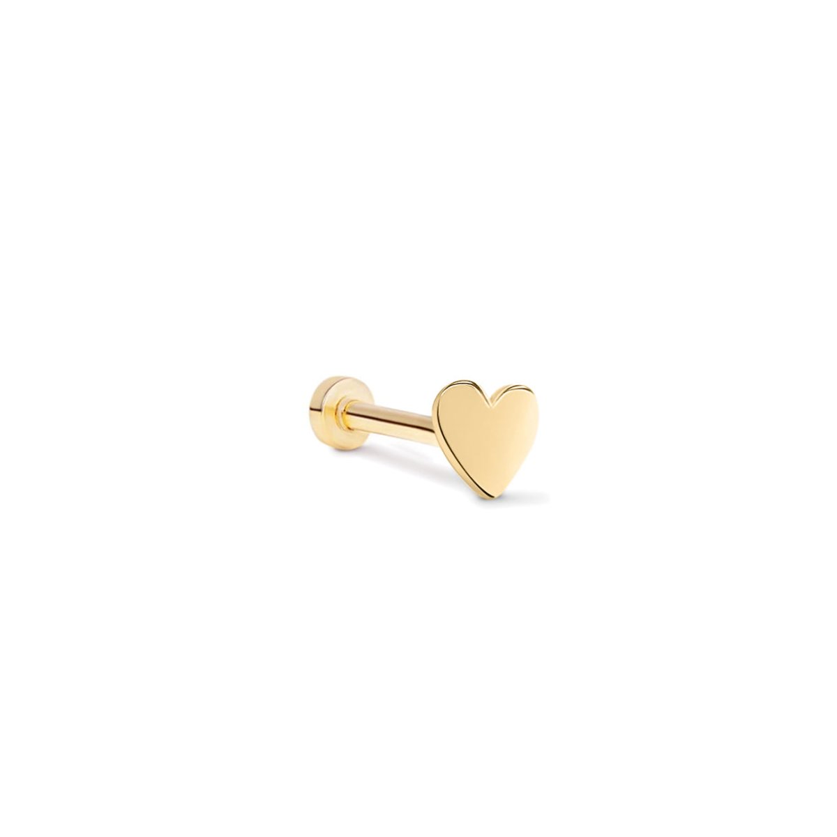 14K gold mini heart flat back stud earring with a labret post, on a white background