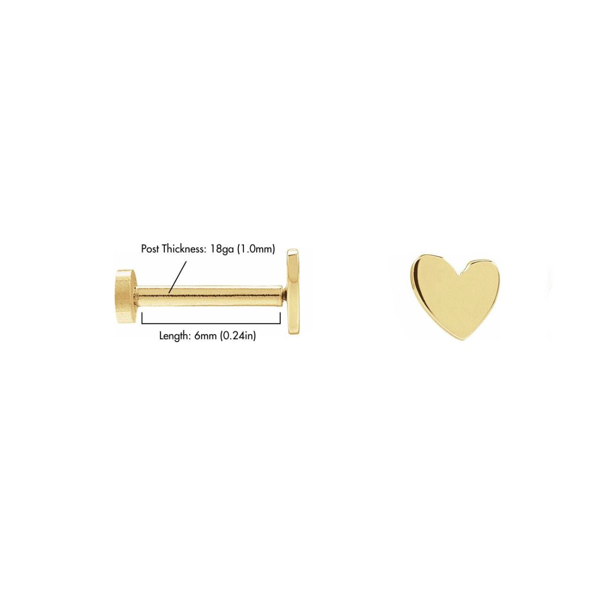 14K gold heart flat back stud size chart, 6mm post length and 18ga thickness, on a white background