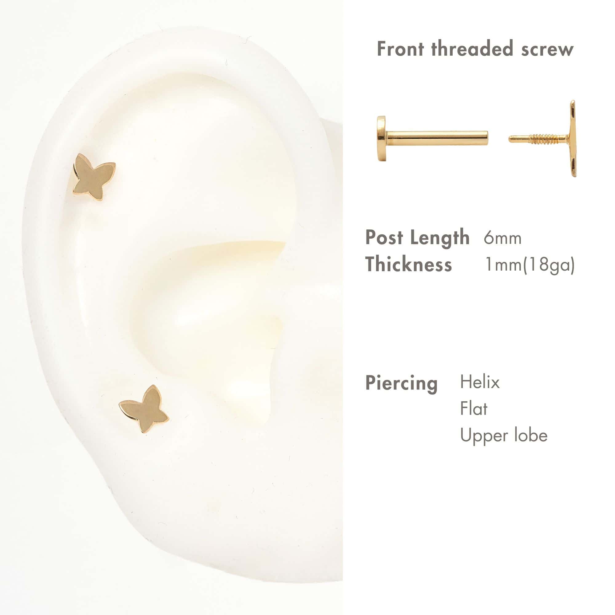 14K gold butterfly flat back studs on an ear model with post length and placement specs
