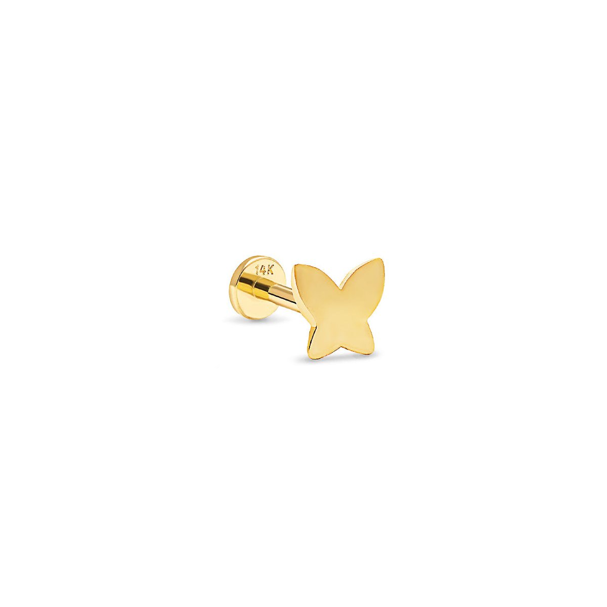 14K gold butterfly flat back stud with a threaded labret post, on a white background