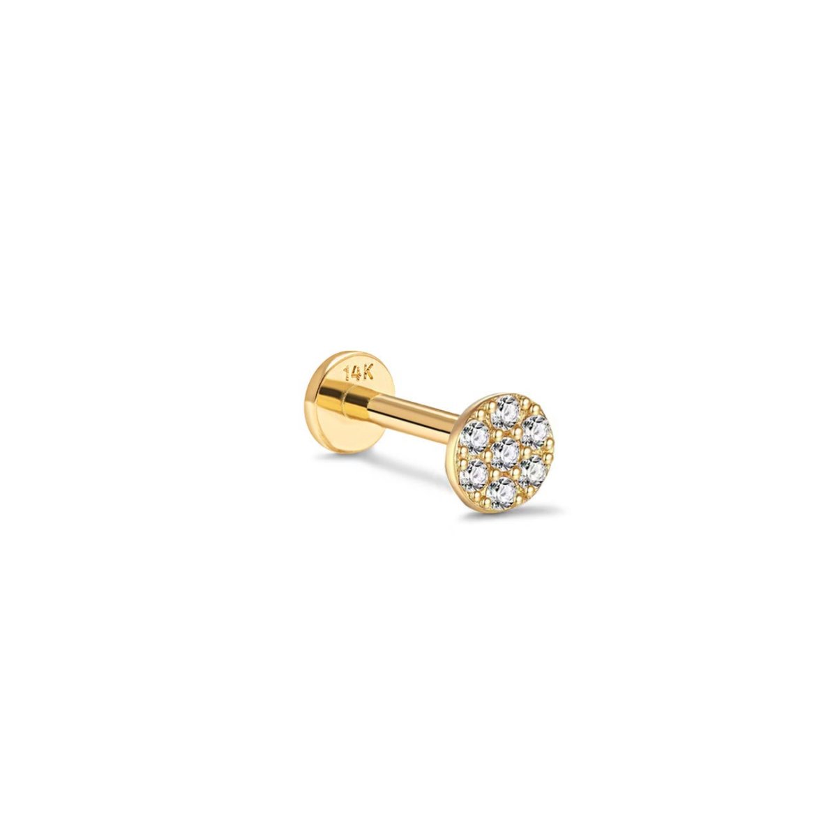 14K gold pavé zirconia disc flat back stud with a labret post, on a white background