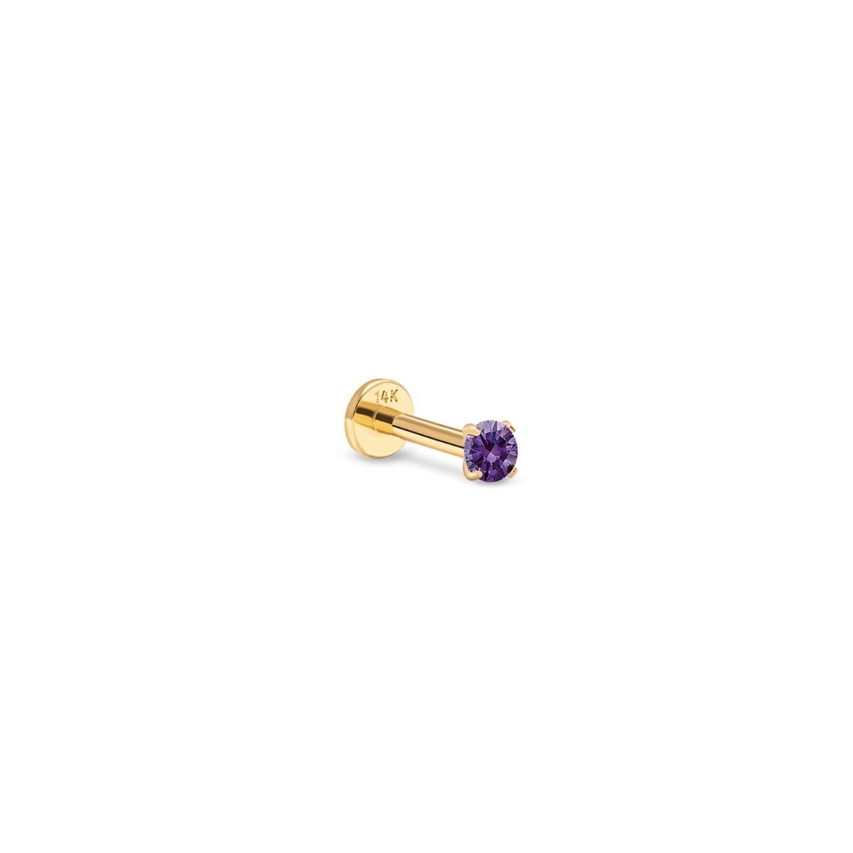 14K gold flat back stud with a round purple amethyst in a prong setting, on a white background
