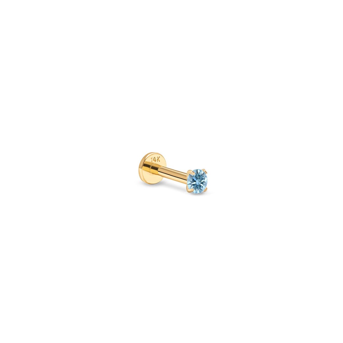 14K gold flat back stud with a round light blue aquamarine in a prong setting, on a white background