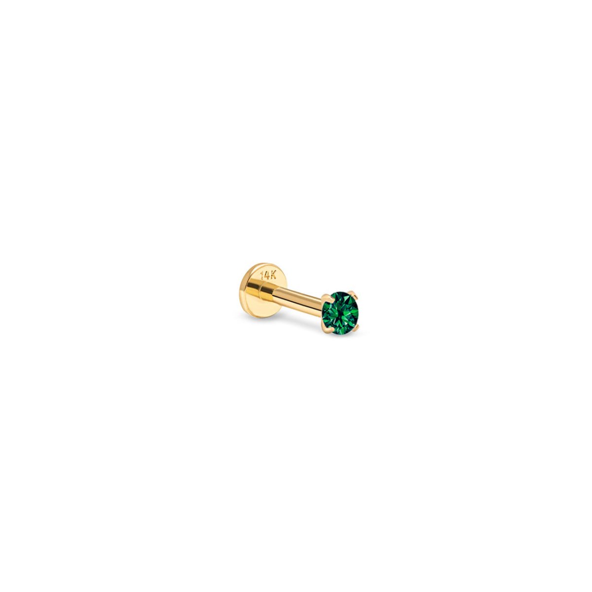 14K gold flat back stud with a round green emerald in a prong setting, on a white background