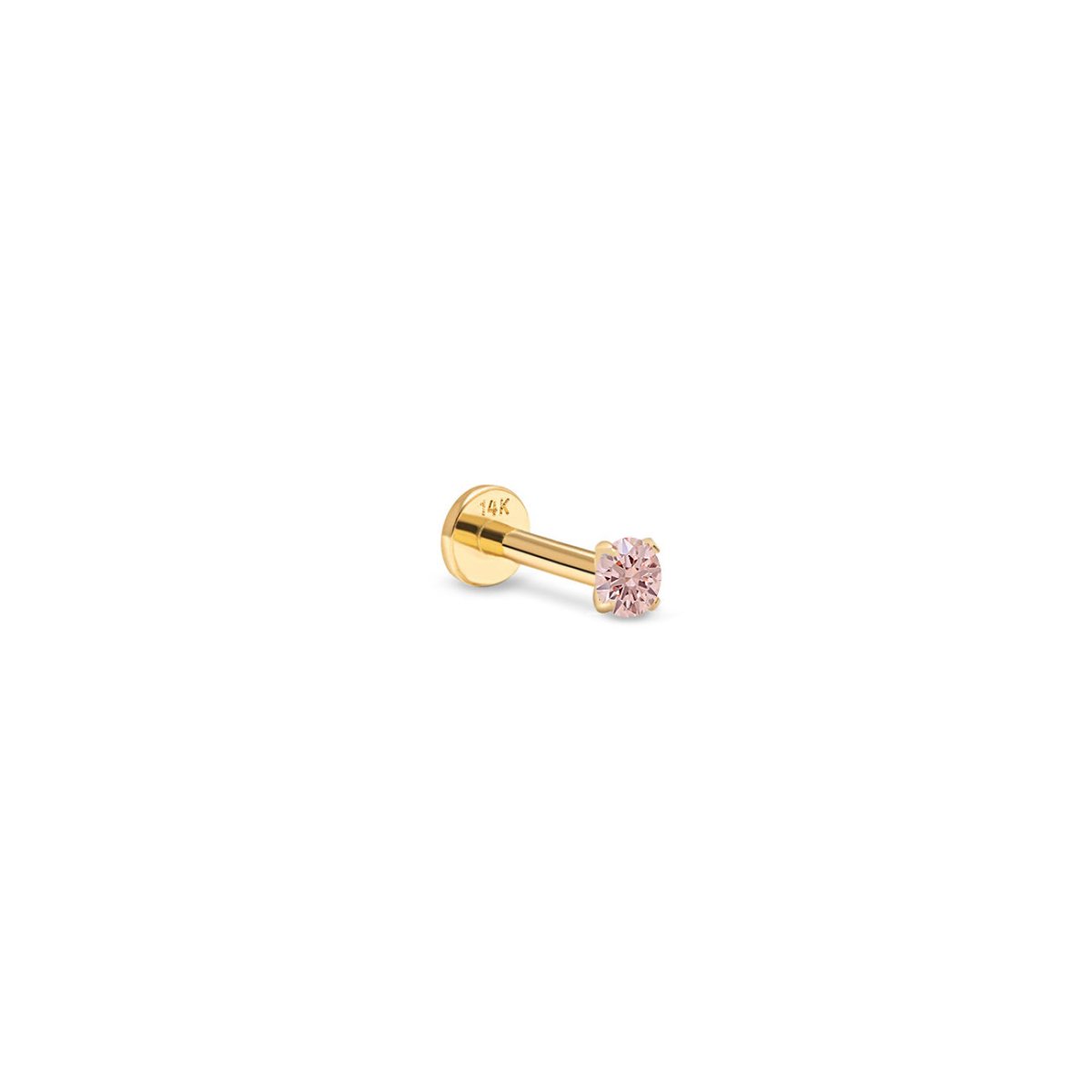 14K gold flat back stud with a round pink sapphire in a prong setting, on a white background