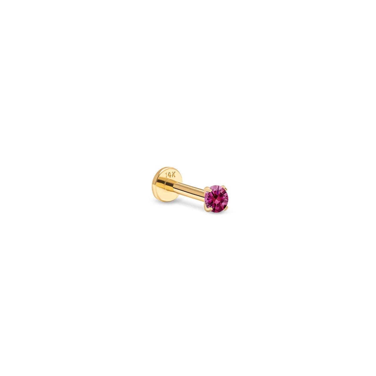 14K gold flat back stud with a round red ruby in a prong setting, on a white background