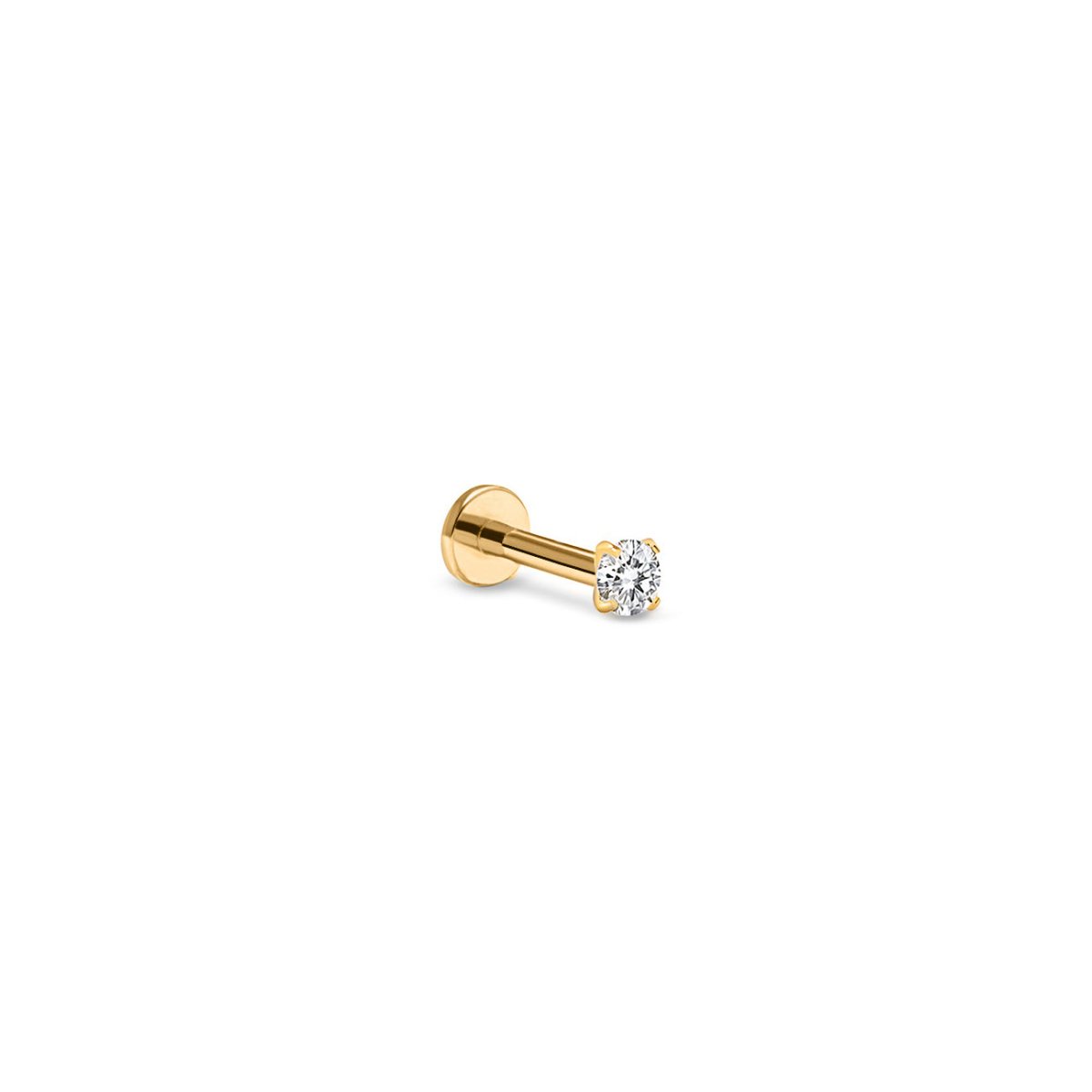 14K gold flatback stud with a single round clear stone in prongs, on a white background