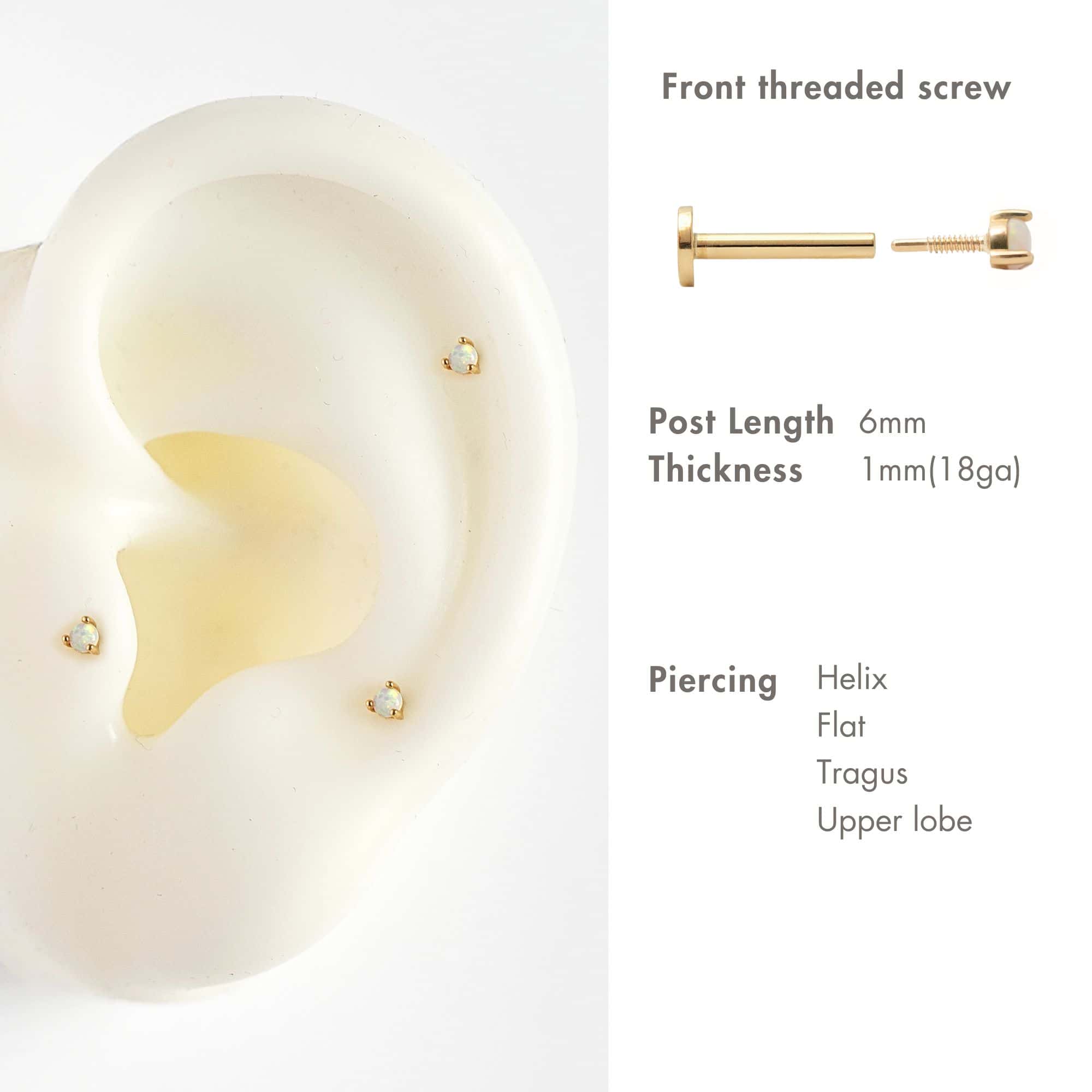 14K gold three-prong opal flat back stud shown on an ear with a placement and post-length guide
