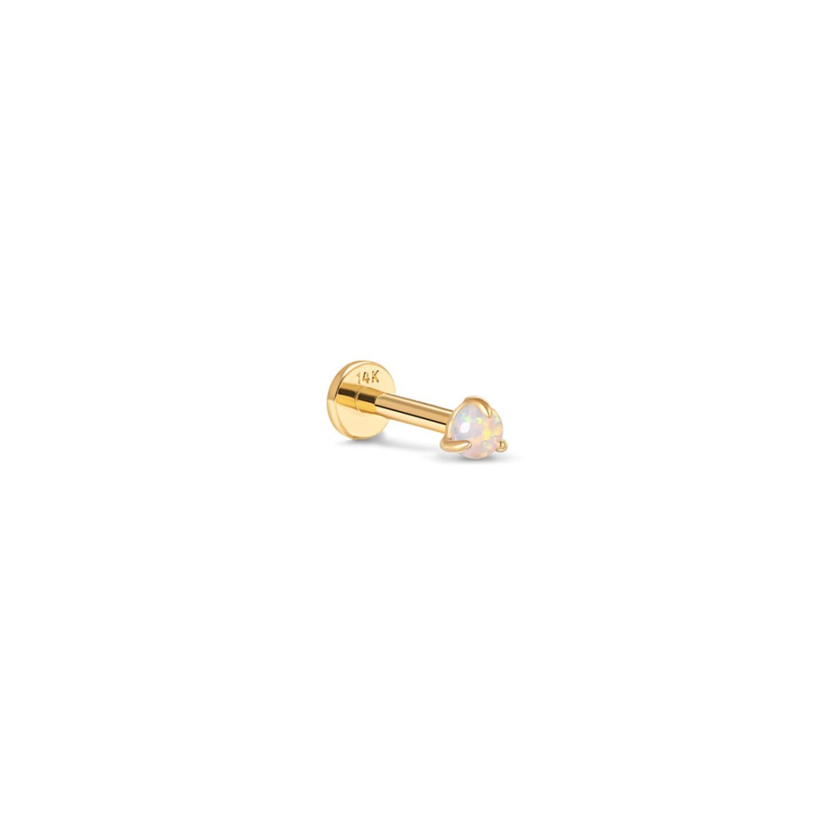 14K gold flat back stud with a tiny white opal in a three-prong setting, on a white background