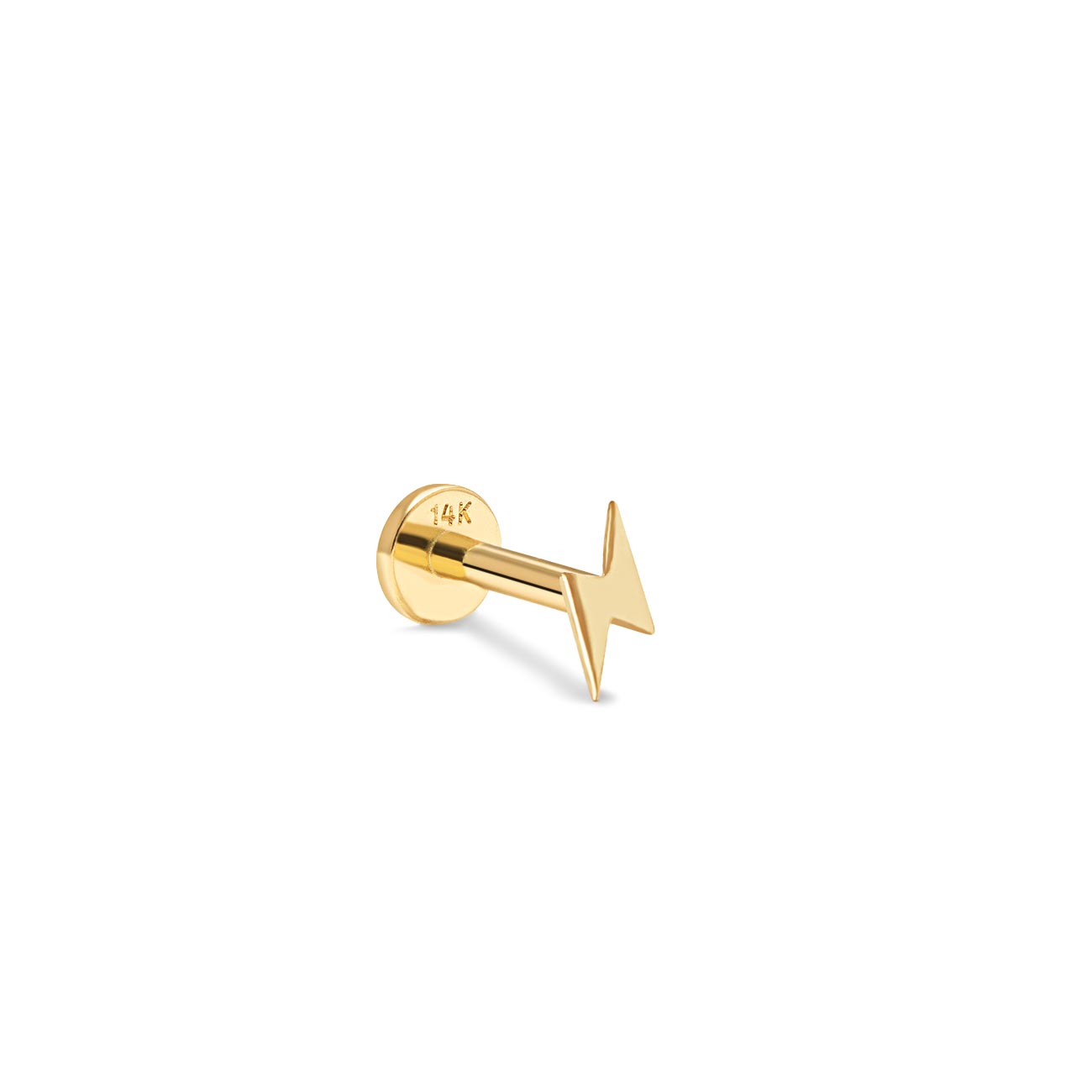 14K gold tiny lightning bolt flat back stud with a threaded labret post, on a white background