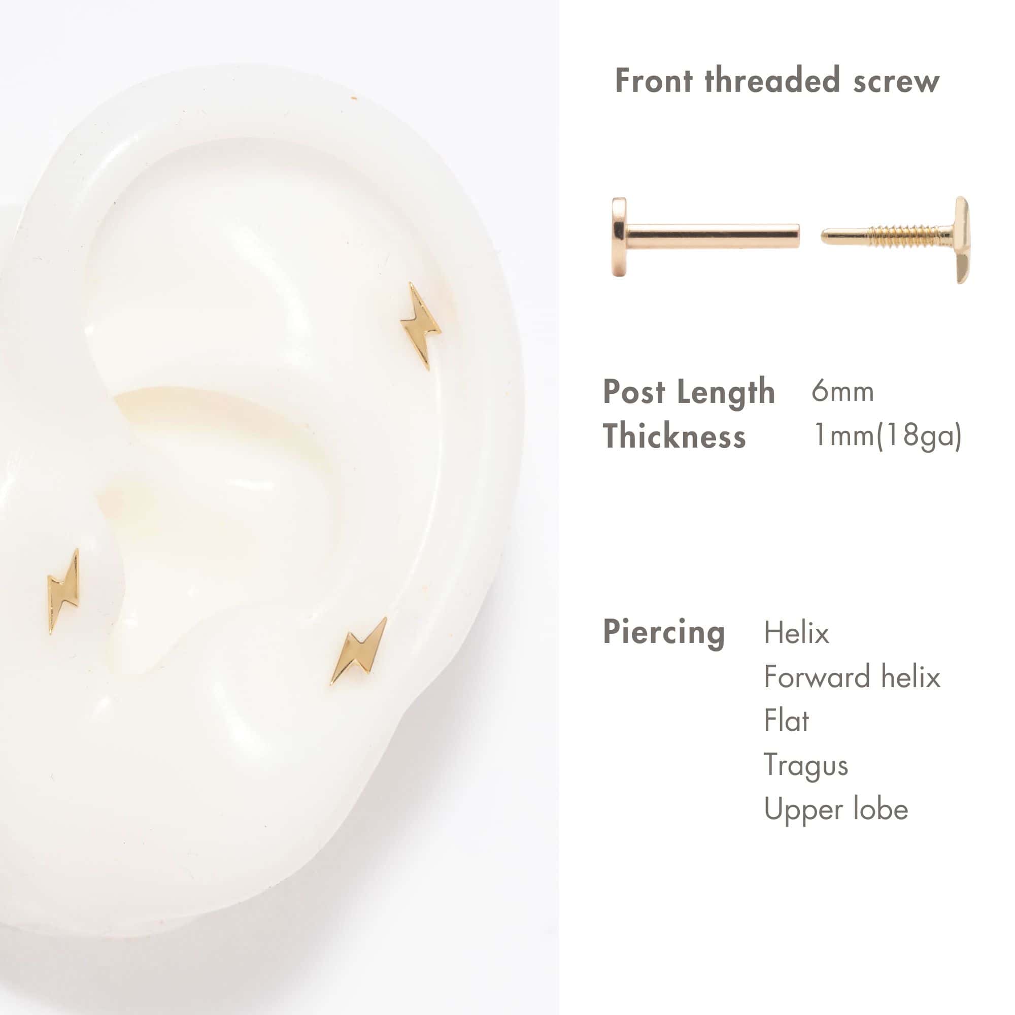 14K gold lightning bolt flat back stud on an ear model with placement and size details