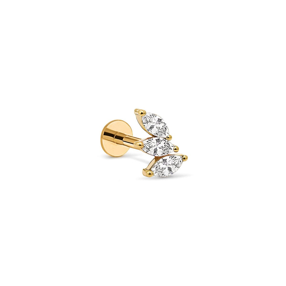 14K gold curved stud with three marquise white zirconia stones, on a white background