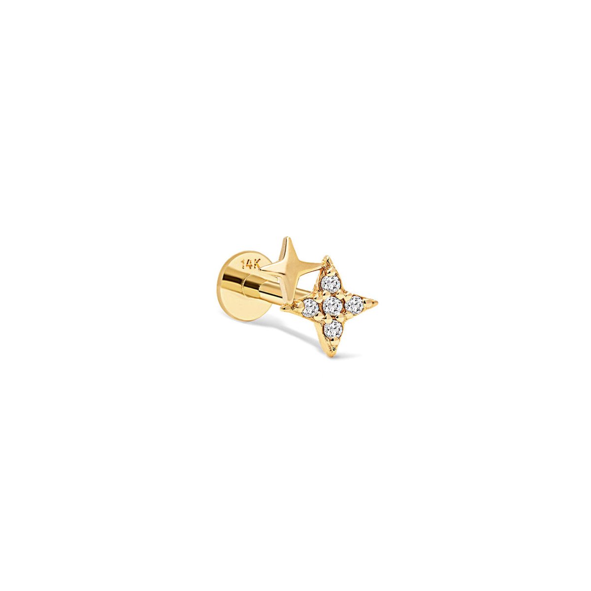 14K gold four-point star flat back stud with zirconia pavé, on a white background