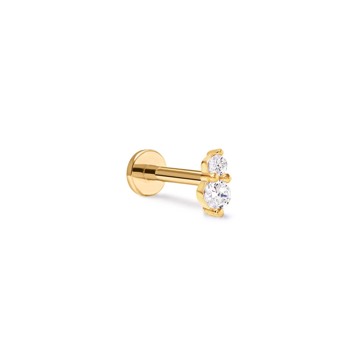 14K gold duo flat back stud with two round white zirconia stones, on a white background