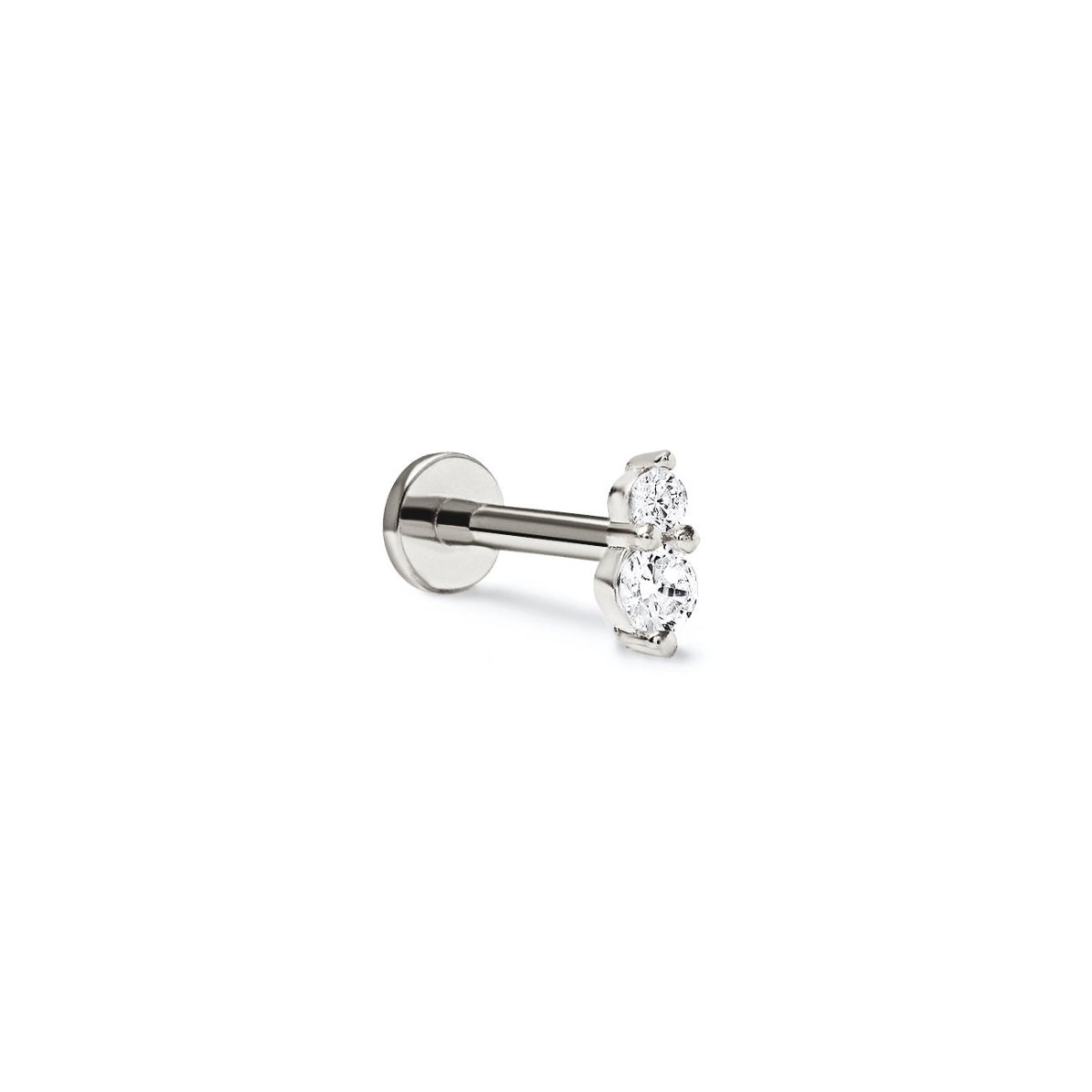14K white gold flat back stud with two round crystals, shown at an angle on a white background