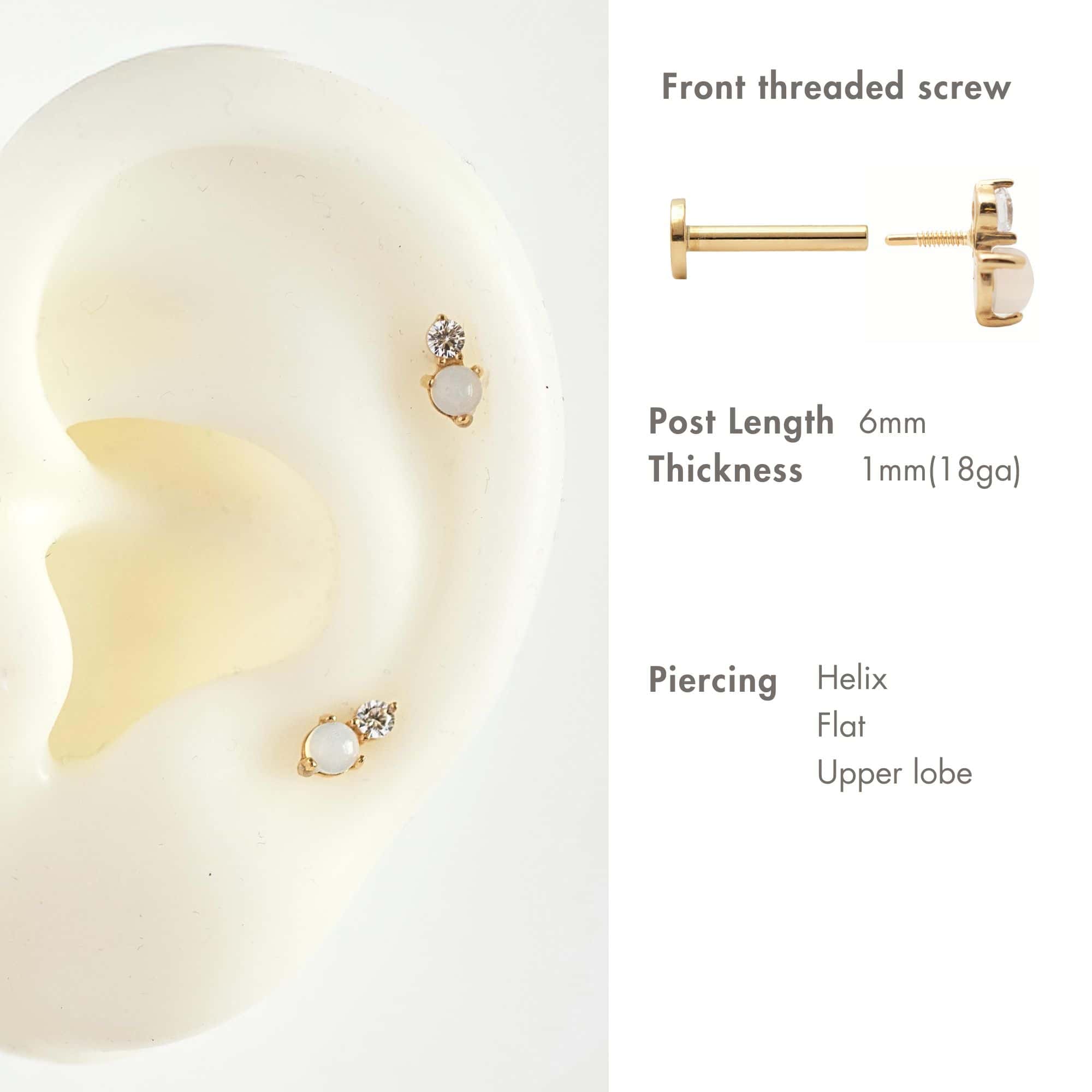 14K gold flat back stud placement guide, helix, flat and upper lobe, on a silicone ear