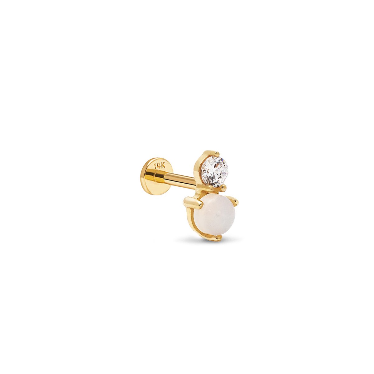 14K gold flat back stud with a clear stone and a white stone, on a white background