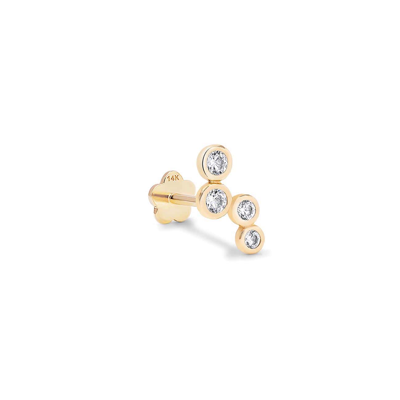 14K gold flat back stud with a bezel-set white zirconia cluster, on a white background