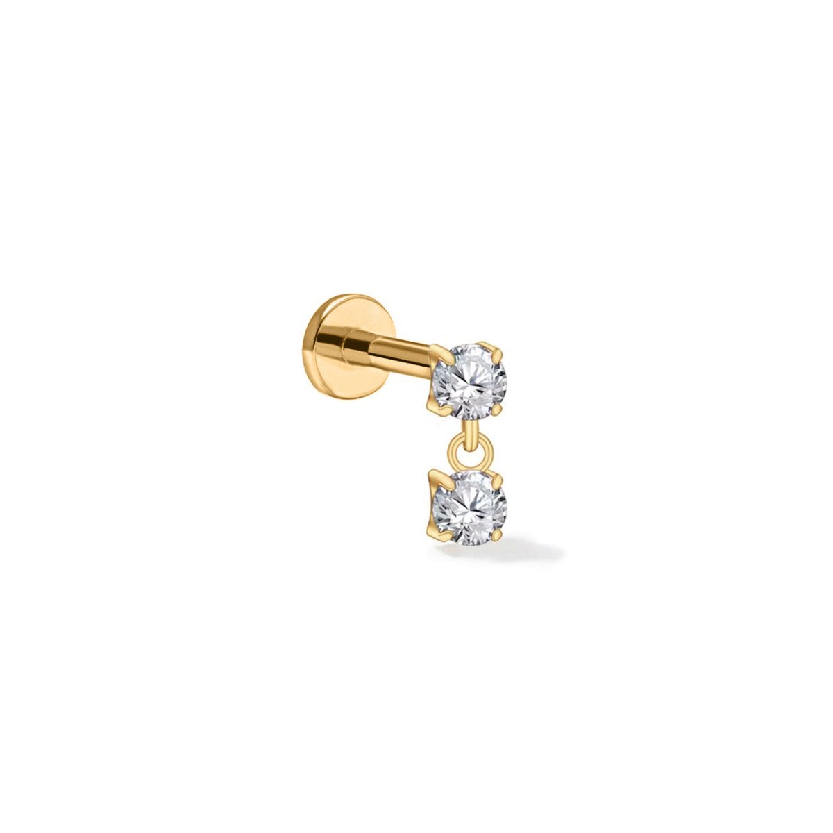 14K gold flat back stud with a white zirconia stone and a dangling round stone, on a white background