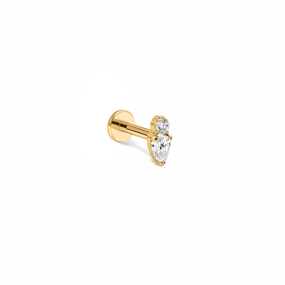 A 14K gold flat back stud earring featuring two marquise-cut clear gemstones, shown on a plain white background.