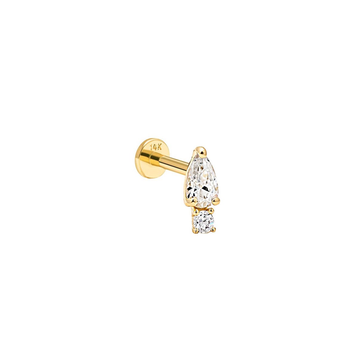 14K gold pear and round white zirconia flat back stud with a labret post, on a white background