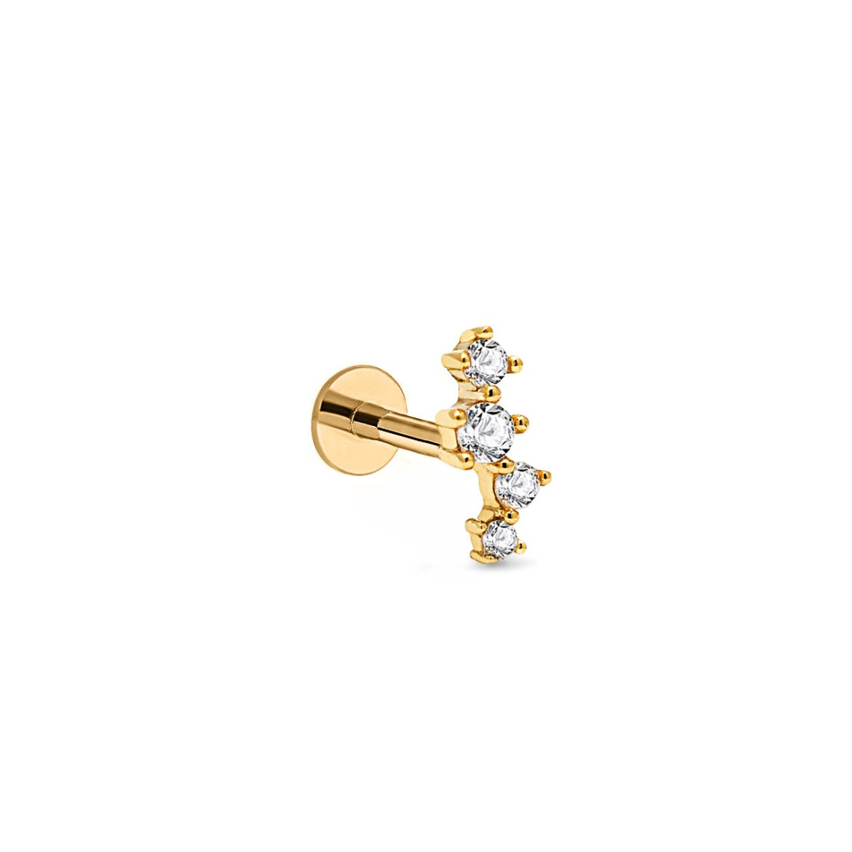14K gold pavé cluster flat back earring with four graduated clear crystals and a labret post, on a white background
