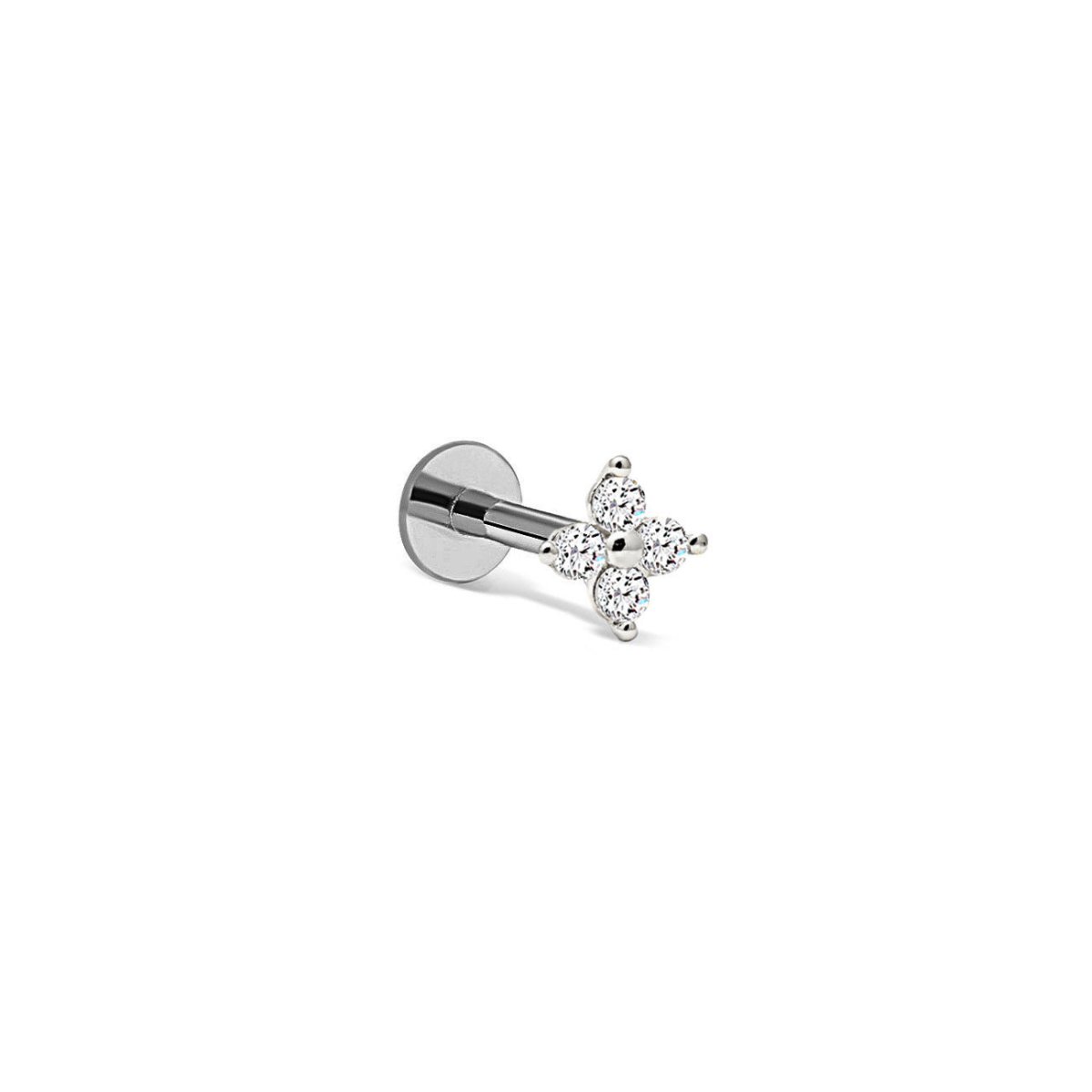 14K white gold flatback stud with a four-stone clear cluster and labret post, on a white background