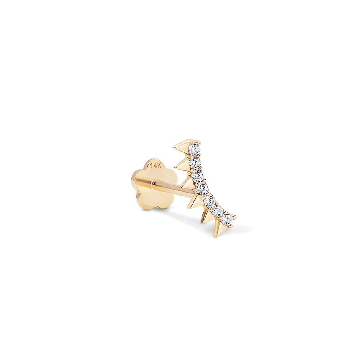 14K gold curved spike flat back stud with pave white zirconia, on a white background