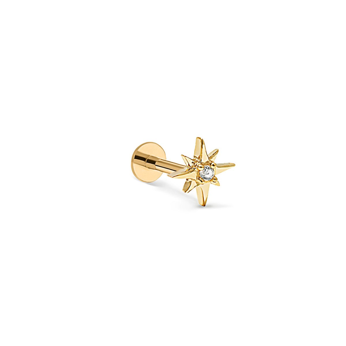 14K gold starburst flat back stud with a single round clear zirconia, on a white background