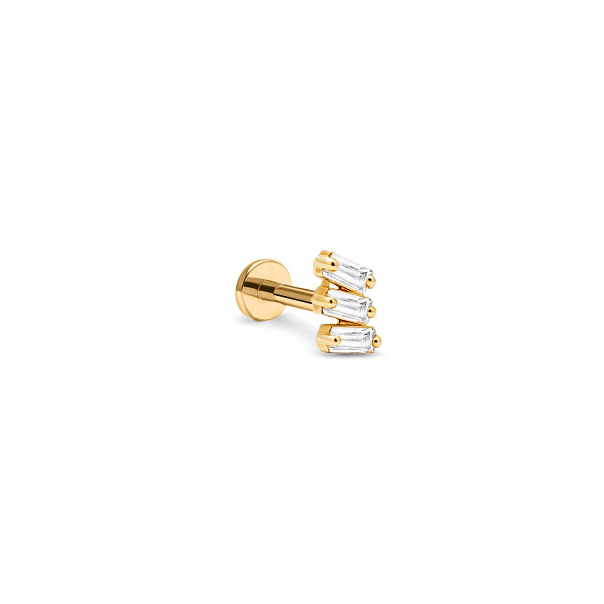 14K gold flat back stud with three clear baguette stones, on a white background