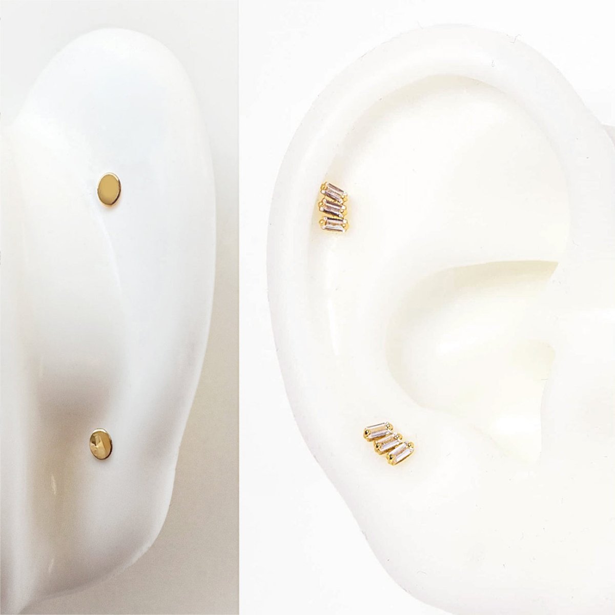 14K gold three-baguette flat back stud sizing and helix piercing placement guide on a model ear
