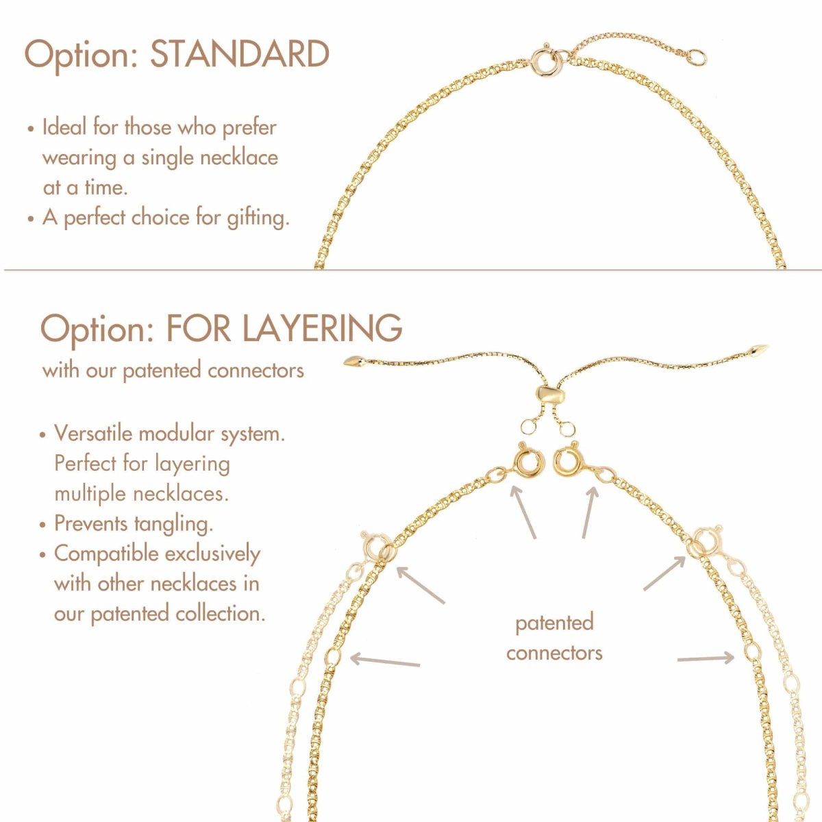Gold vermeil diamond-cut mariner anchor link chain, standard and layering connector options diagram