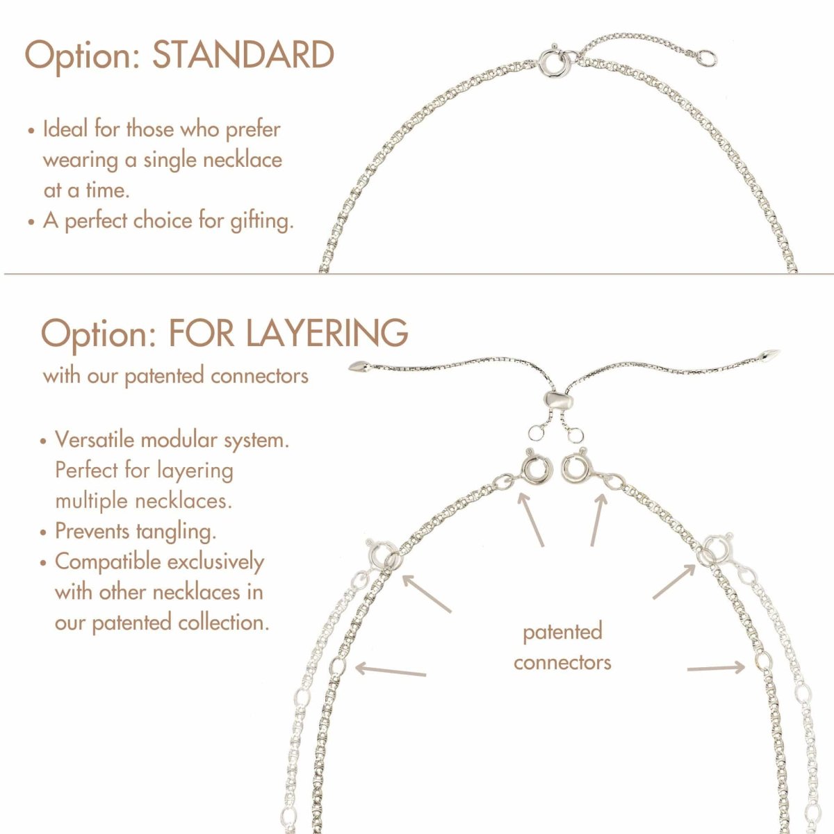 Chain options diagram comparing a standard clasp to layering connectors for stacking necklaces.
