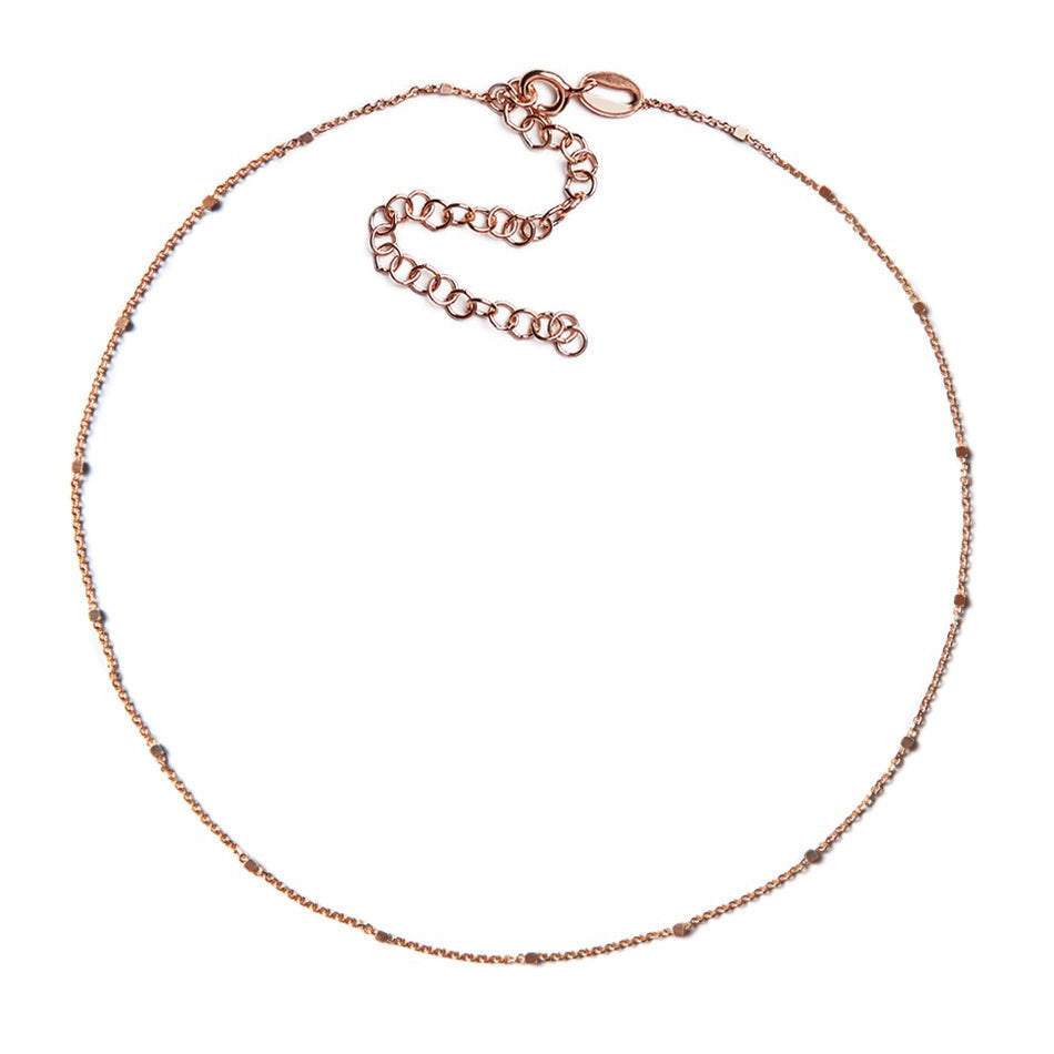 Rose gold vermeil dainty satellite bead chain choker with extender, on a white background